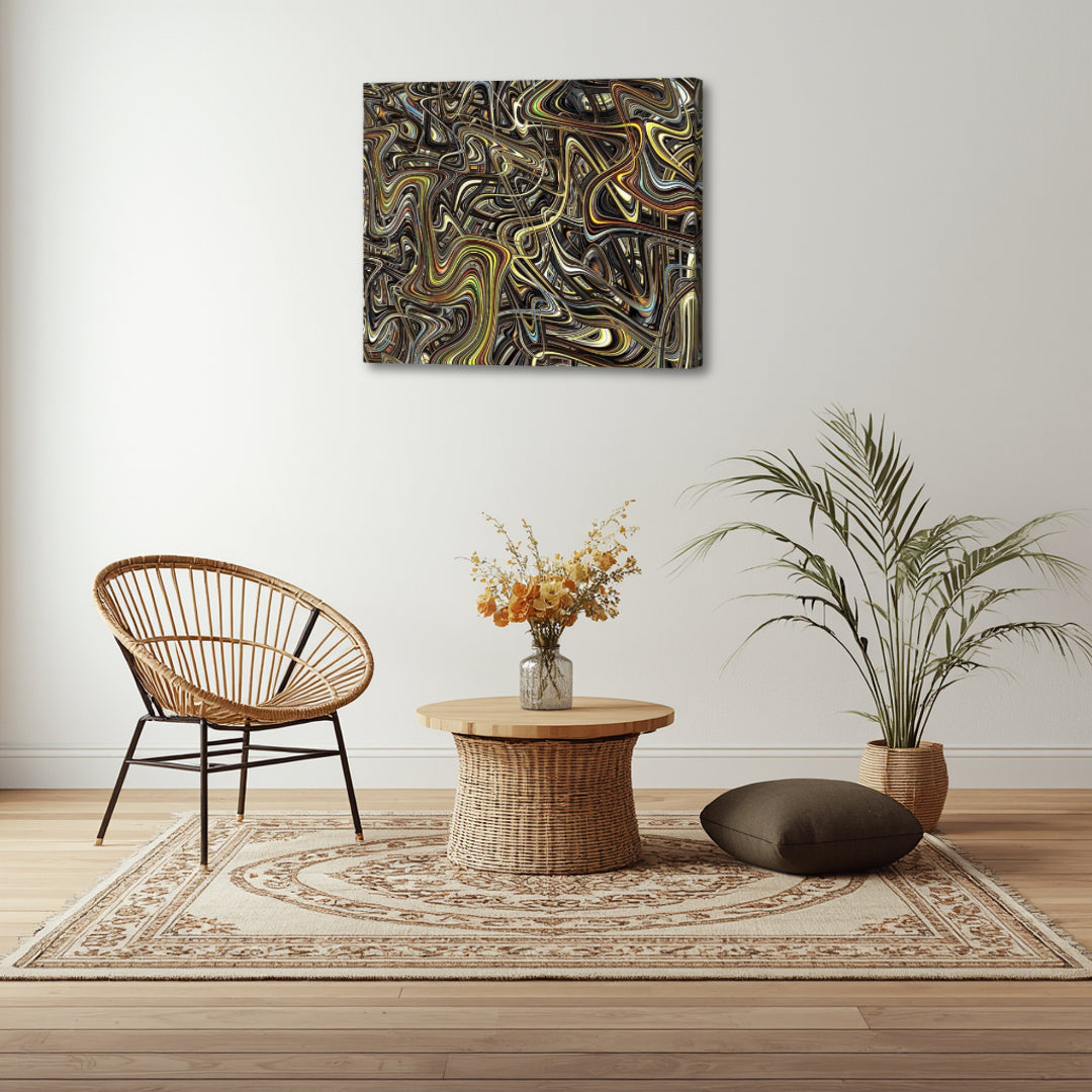Interdimensional artwork by Patrick Zion styled in a warm boho interior, where complex swirling fractal lines create a grounded yet mesmerizing visual texture.