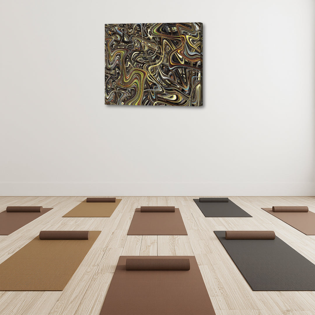 Interdimensional by Patrick Zion displayed in a minimalist yoga studio, featuring intricate flowing fractal patterns that evoke depth, structure, and layered consciousness.