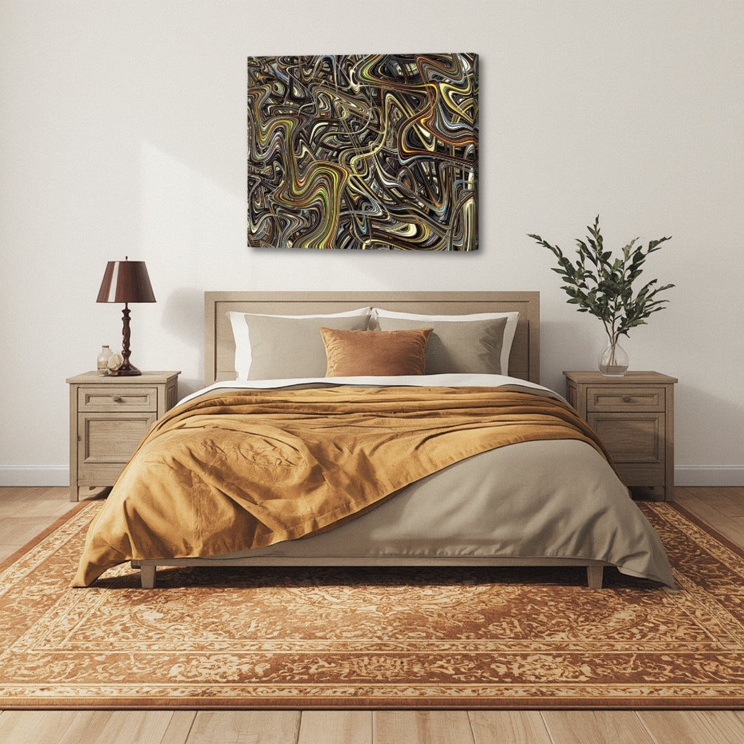 Interdimensional by Patrick Zion above a cozy bedroom setting, showcasing dense abstract fractal forms with earthy tones that add depth and contemplative energy.
