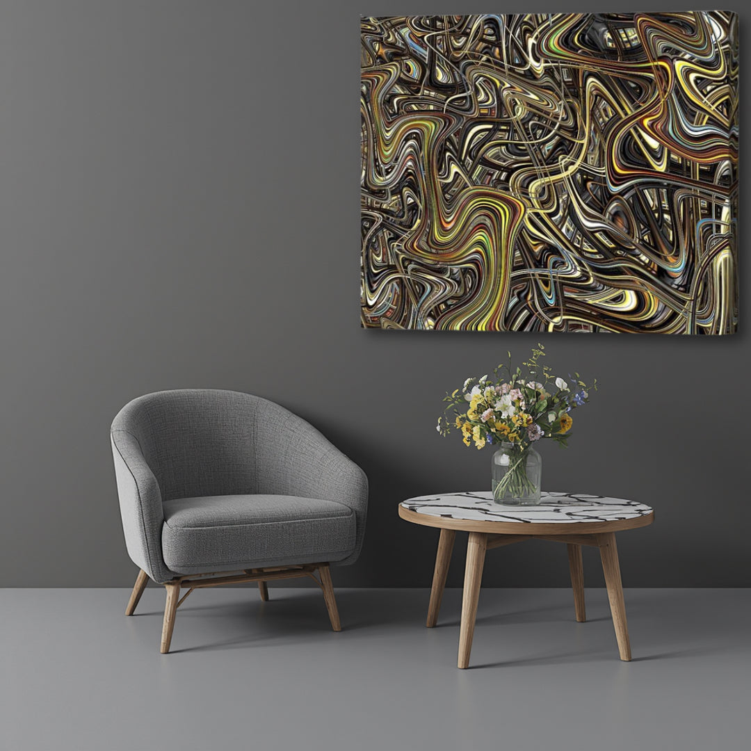 Interdimensional – intricate psychedelic fractal canvas art by Patrick Zion showcased in a modern interior with a close-up view, featuring tangled multidimensional lines, flowing abstract pathways, and layered cosmic textures with hypnotic depth.