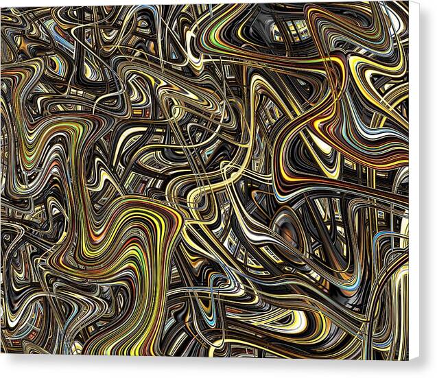 Interdimensional – intricate psychedelic fractal canvas print by Patrick Zion, white edge version depicting luminous metallic ribbons twisting in cosmic motion, reflecting the interconnected flow of energy and form.