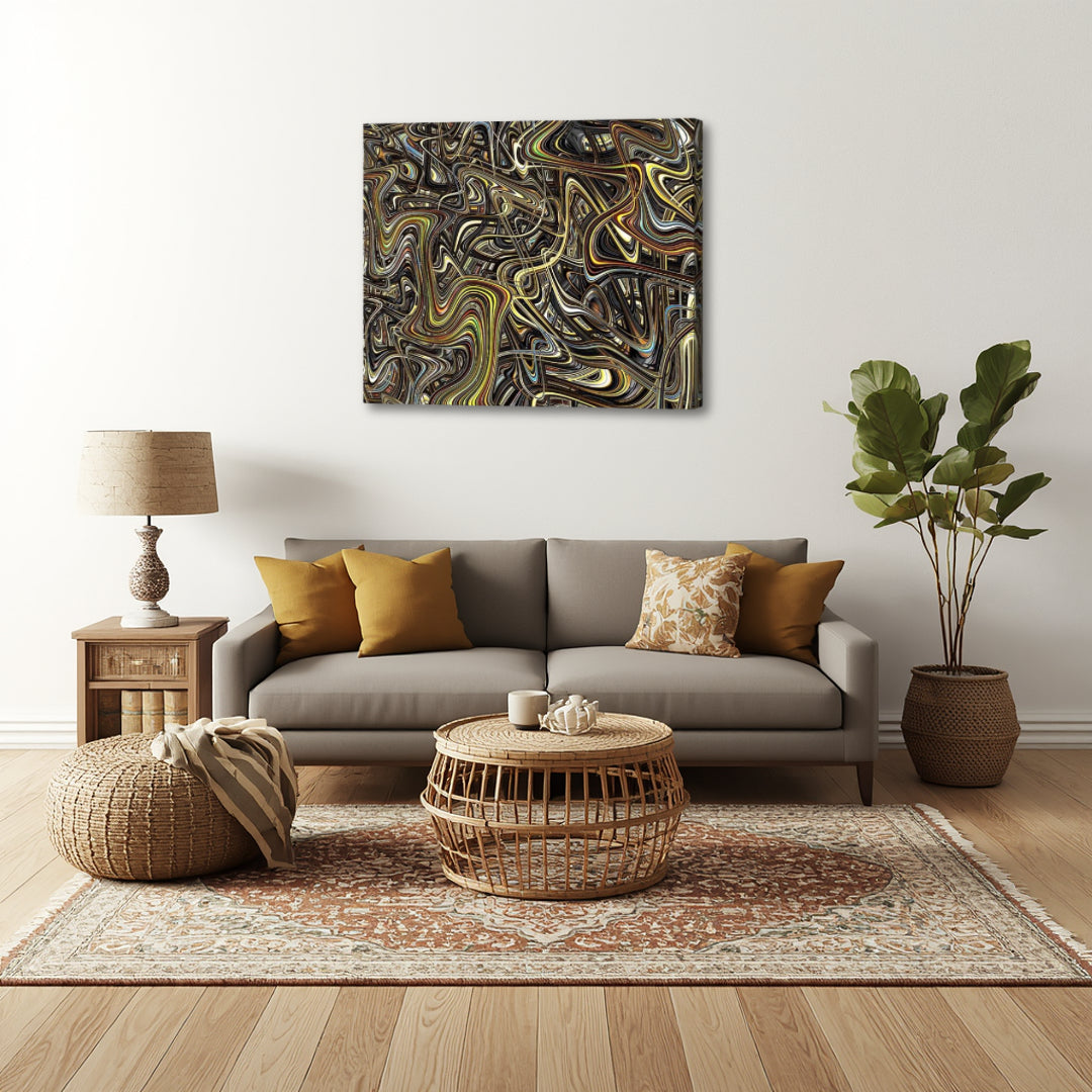 Interdimensional by Patrick Zion featured in a modern living room, highlighting layered, maze-like fractal structures that bring a sense of complexity and visual intrigue.