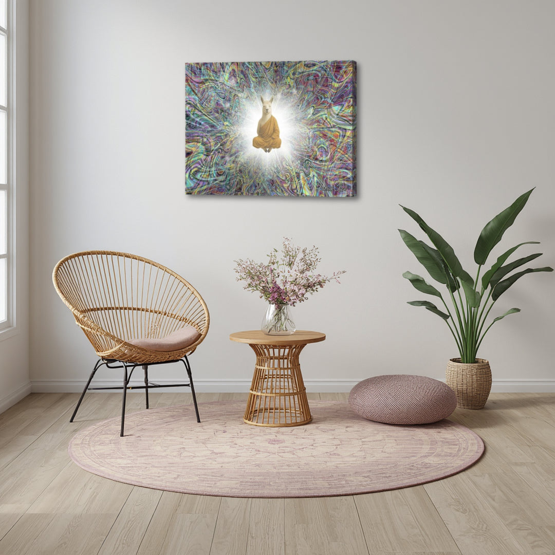 Lama in Trance artwork by Patrick Zion in a cozy boho setting, where a glowing meditative figure emerges from soft, flowing fractal patterns of light and color.
