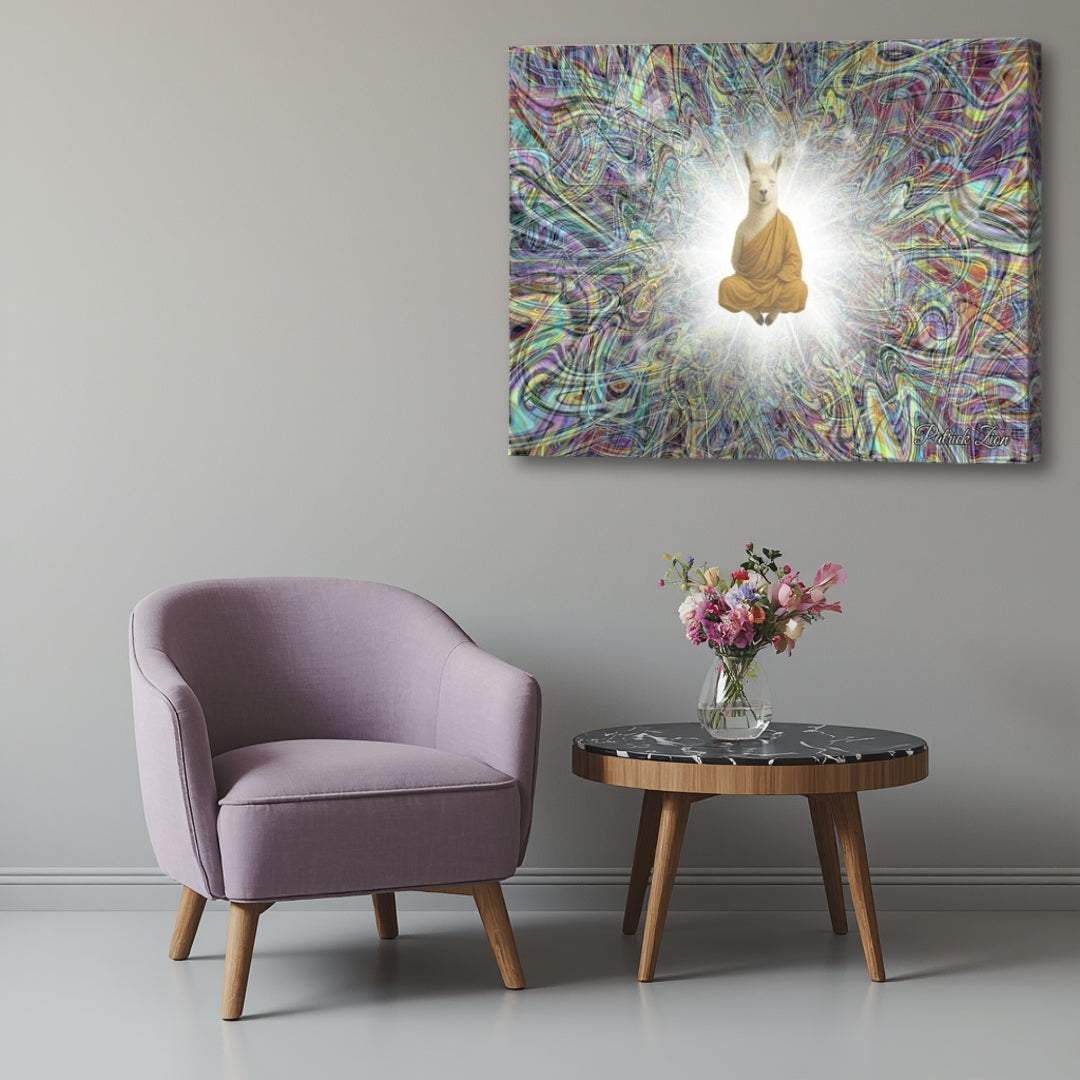 Lama in Trance – spiritual psychedelic canvas artwork by Patrick Zion displayed in a modern interior with an up-close perspective, featuring a meditating llama monk surrounded by radiant white light, intricate fractal energy patterns, and mystical multidimensional abstractions in soft pastel tones.