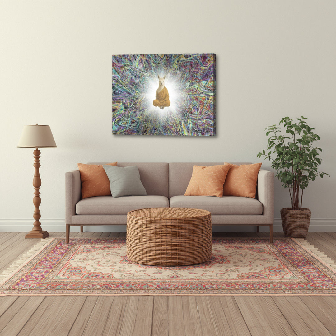 Lama in Trance by Patrick Zion featured in a modern living room, highlighting a centered meditative figure radiating soft fractal light and spiritual stillness.