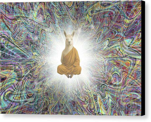 Lama in Trance – spiritual fractal canvas art by Patrick Zion, black edge version featuring a serene llama monk levitating within luminous sacred light and vibrant multidimensional fractal energy.