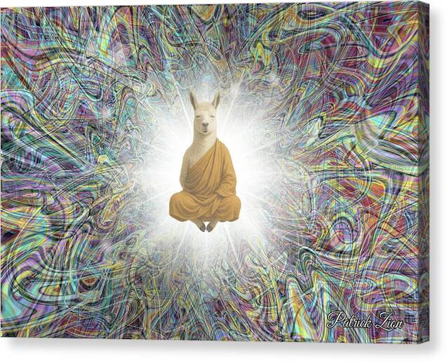 Lama in Trance – spiritual fractal canvas art by Patrick Zion, mirrored edge version depicting a meditating llama floating in radiant white light surrounded by swirling iridescent psychedelic patterns.