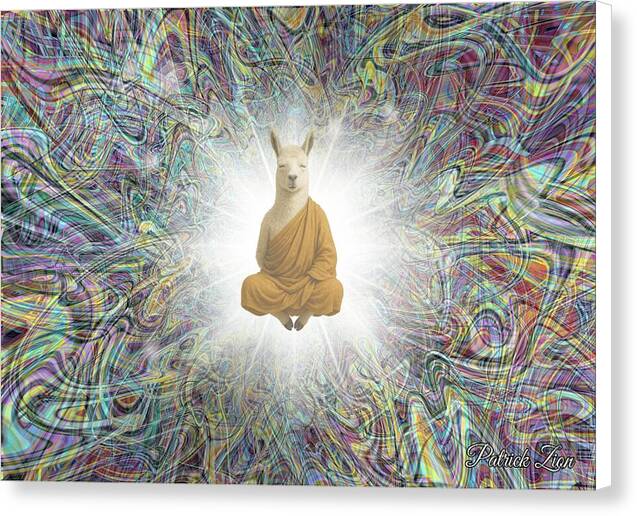 Lama in Trance – spiritual fractal canvas art by Patrick Zion, white edge version showing a tranquil meditating llama illuminated by bright cosmic light framed by colorful swirling fractal patterns.
