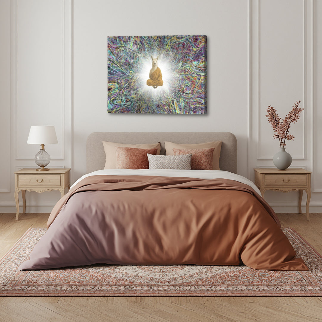 Lama in Trance by Patrick Zion above a calm bedroom interior, showcasing a peaceful meditative presence enveloped in luminous fractal energy.