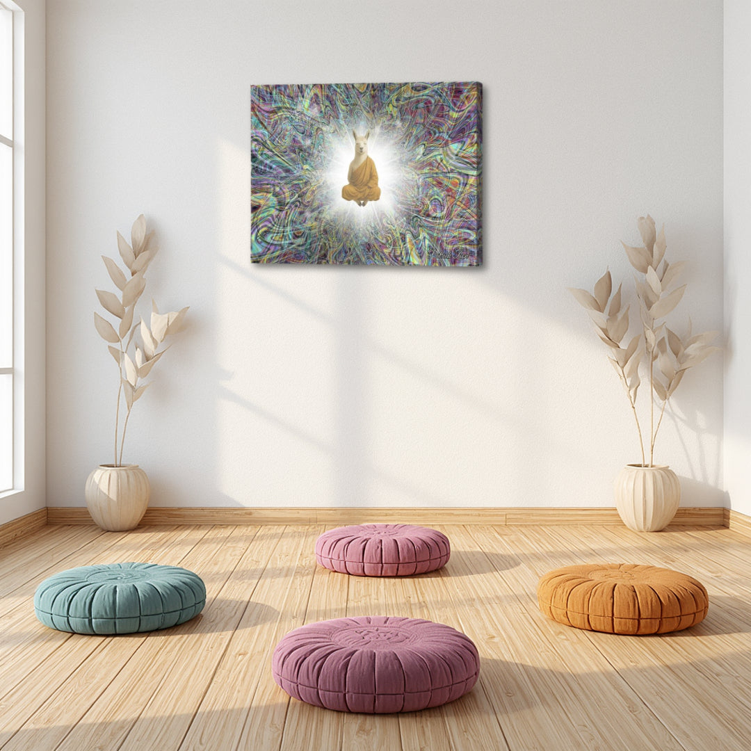 Lama in Trance by Patrick Zion displayed in a serene meditation studio, featuring a meditative figure surrounded by radiant fractal light symbolizing transcendence and inner peace.