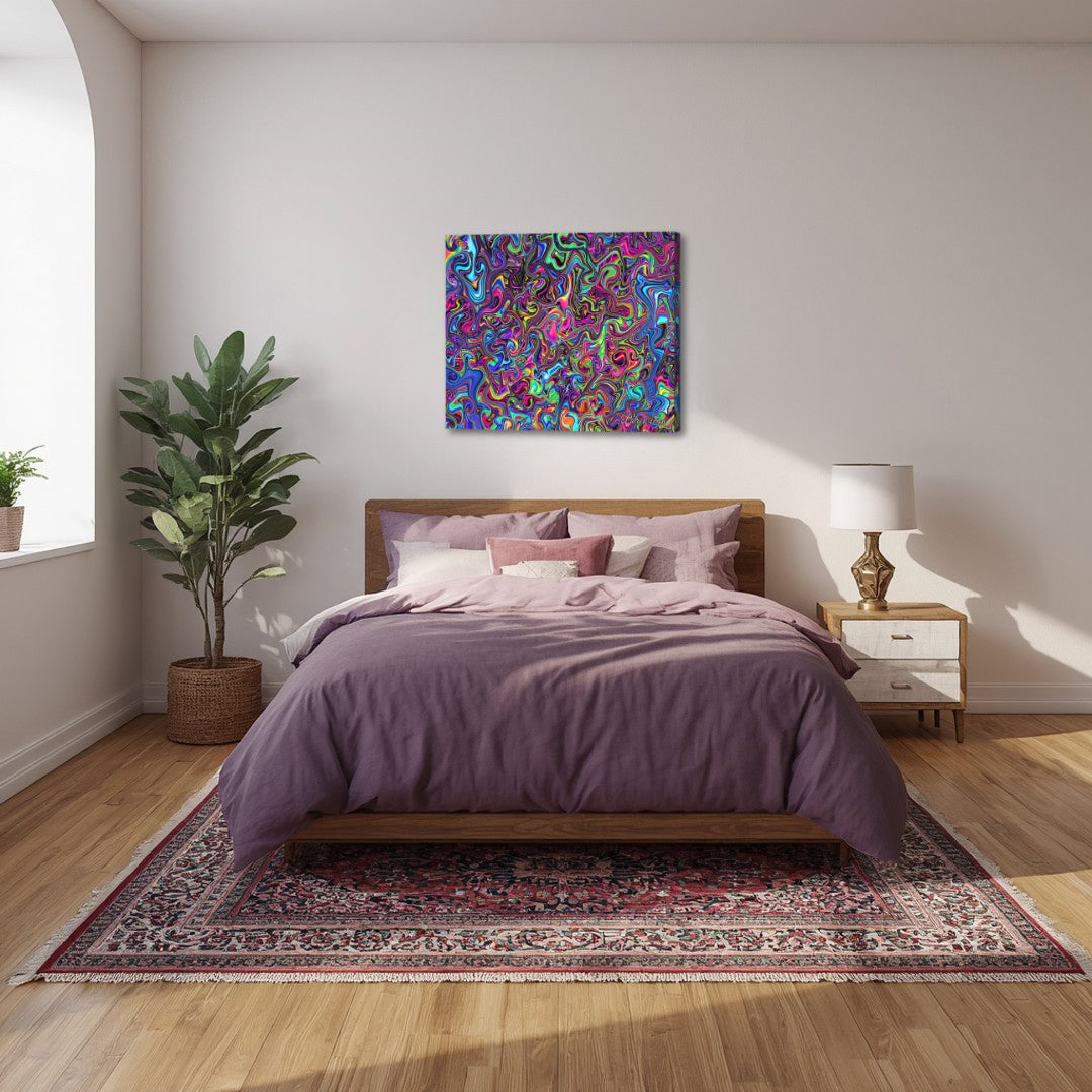 Liquid Color Dreamscape – psychedelic abstract fractal canvas art by Patrick Zion displayed above a cozy bedroom bed, featuring fluid neon textures and kaleidoscopic movement creating a vibrant yet relaxing dreamlike ambiance.
