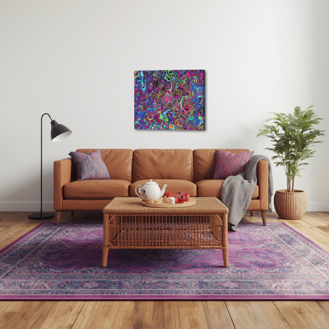 Liquid Color Dreamscape – trippy abstract fractal canvas art by Patrick Zion displayed above a modern living room sofa, featuring fluid neon textures and kaleidoscopic movement creating a bold and colorful wall decor statement.