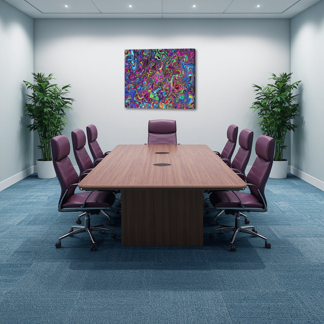 Liquid Color Dreamscape – psychedelic abstract fractal canvas art by Patrick Zion displayed above a modern office conference table, featuring fluid neon textures and kaleidoscopic movement creating a bold yet focused atmosphere for creative thinking and professional spaces.