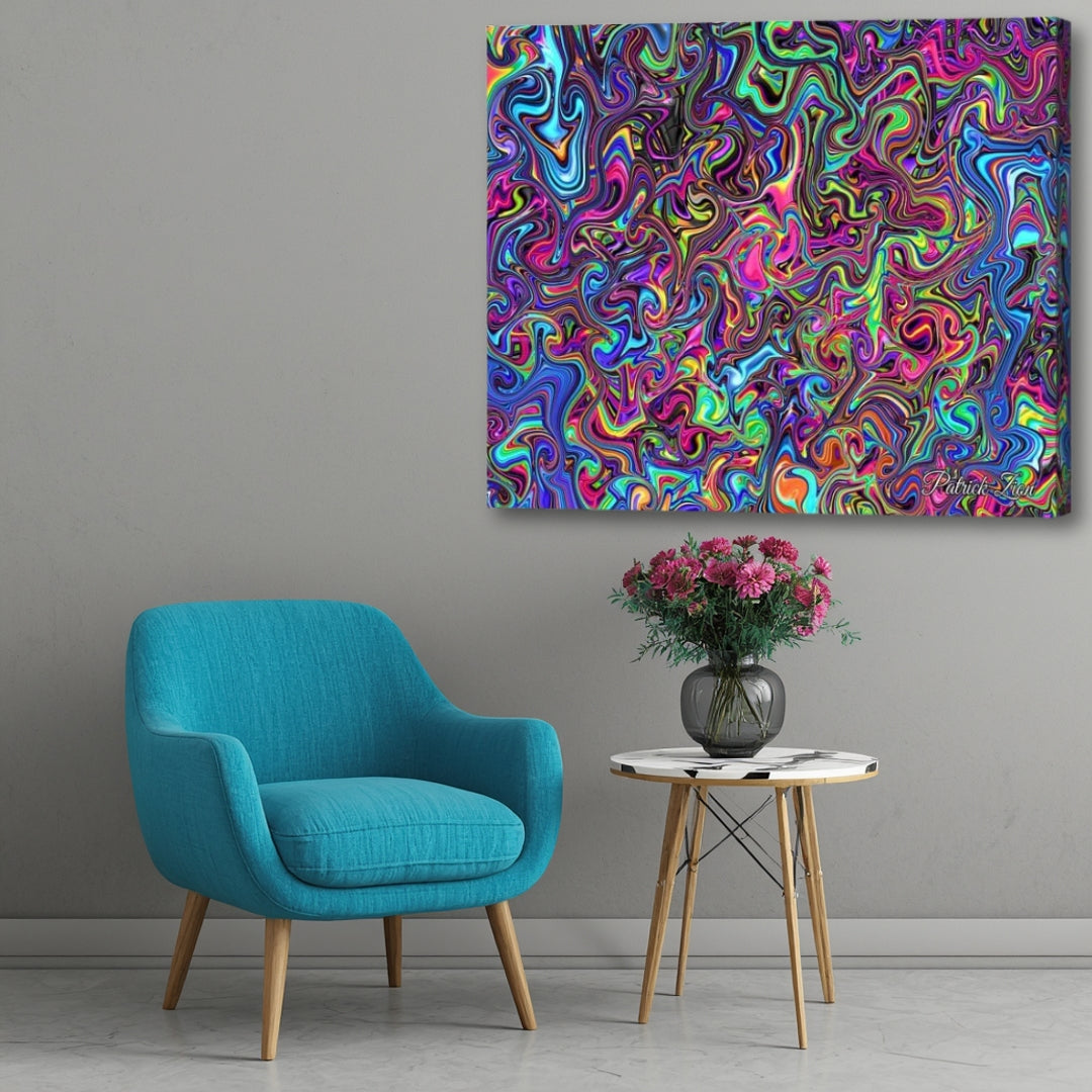 Liquid Color Dreamscape – abstract psychedelic fractal canvas artwork by Patrick Zion presented in a modern living room setting with an up-close perspective, showcasing flowing neon swirls, vibrant rainbow tones, and hypnotic liquid-like patterns.