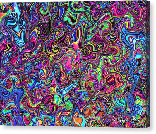 Liquid Color Dreamscape – trippy abstract canvas print by Patrick Zion, mirrored edge version with fluid neon fractal textures and kaleidoscopic movement radiating positive energy and color harmony.