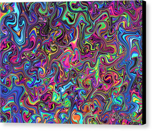 Liquid Color Dreamscape – psychedelic abstract canvas art by Patrick Zion, black edge version featuring swirling neon fractal-like patterns in vivid pink, blue, green, and gold tones representing pure creative energy.