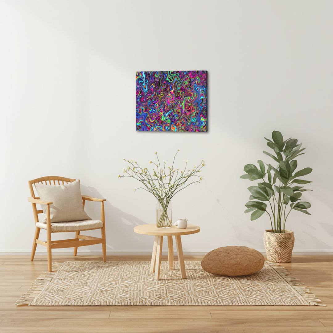 Liquid Color Dreamscape – vibrant psychedelic abstract canvas by Patrick Zion displayed in a boho minimal corner setting, featuring fluid swirling fractal patterns in vivid pink, blue, green, and purple tones, evoking a dreamlike state, creative flow, and immersive visual energy.
