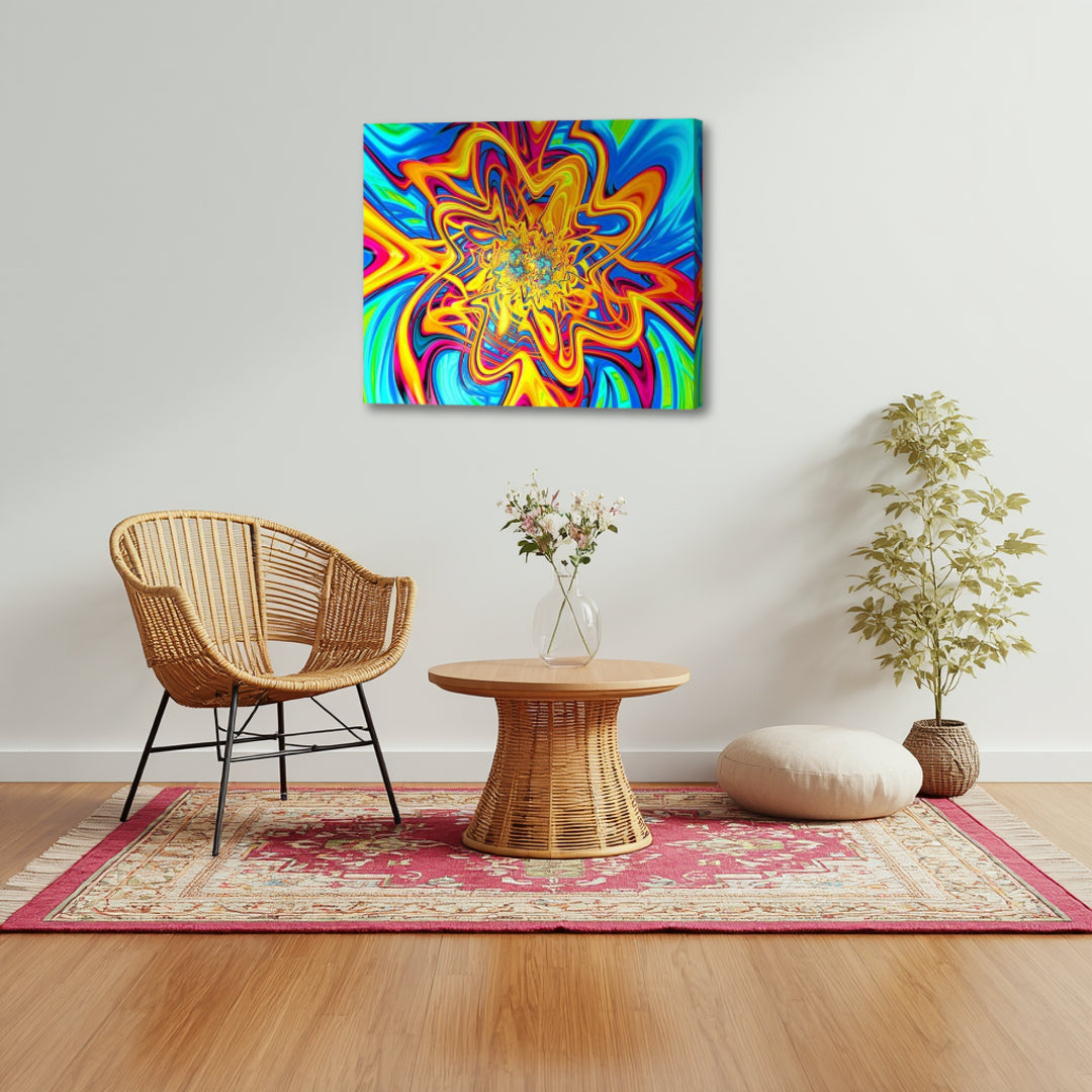 Loony artwork by Patrick Zion in a cozy boho setting, showcasing vivid flowing fractal shapes and energetic color combinations that create a lively artistic atmosphere.