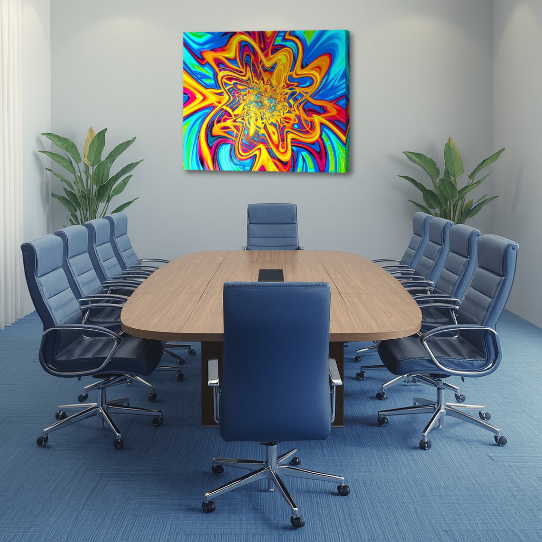 Loony canvas wall art by Patrick Zion displayed in a contemporary conference room. The artwork showcases an explosive abstract fractal bloom with vibrant blue, turquoise, yellow, orange, magenta, and red swirls radiating outward from a luminous center, creating a dynamic sense of movement, joy, imagination, creativity, and playful energy.
