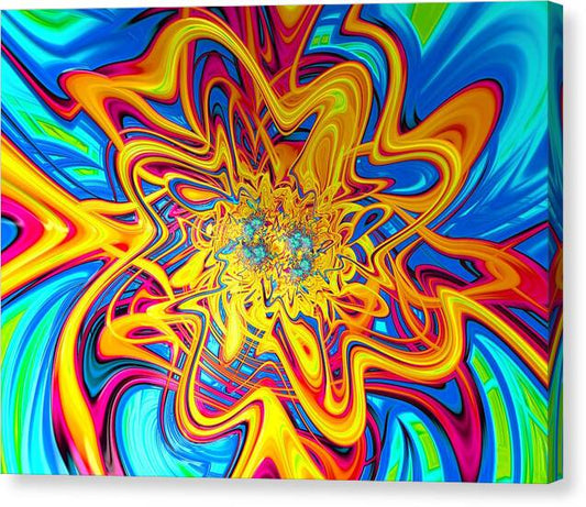 Loony – visionary psychedelic fractal artwork by Patrick Zion, mirrored edge version showcasing hypnotic waves of electric yellow, cyan, and magenta in radiant cosmic motion.