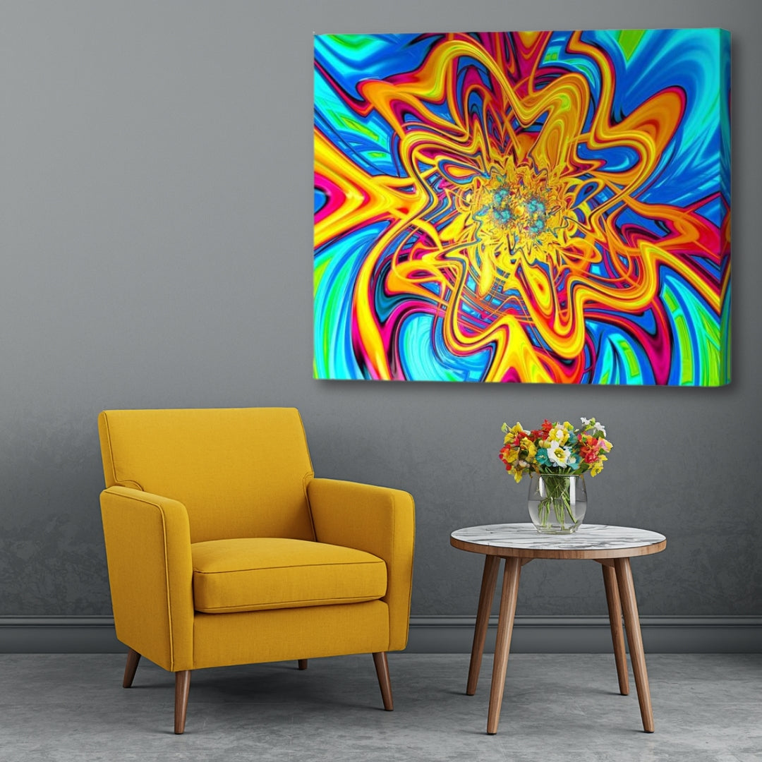 Loony – vibrant psychedelic fractal canvas artwork by Patrick Zion displayed in a modern living room with an up-close perspective, featuring explosive swirling energy patterns, radiant neon abstractions, and colorful multidimensional forms in electric blue, yellow, orange, and pink tones.