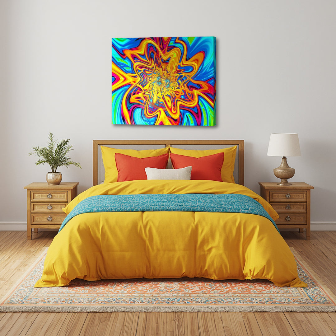 Loony by Patrick Zion above a modern bedroom interior, highlighting bright swirling fractal forms and intense color contrasts that bring a playful psychedelic vibe.