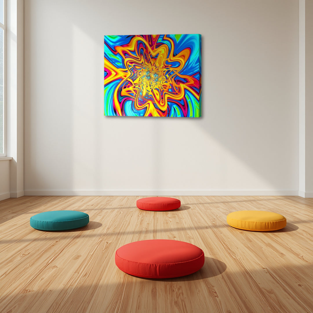 Loony by Patrick Zion displayed in a bright meditation space, featuring vibrant swirling fractal patterns with bold colors and a dynamic psychedelic energy.