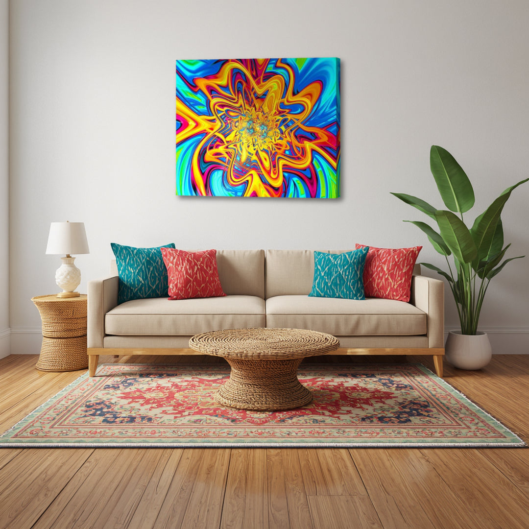 Loony by Patrick Zion featured in a stylish living room, presenting bold abstract fractal motion and colorful energy that draws attention and sparks visual curiosity.
