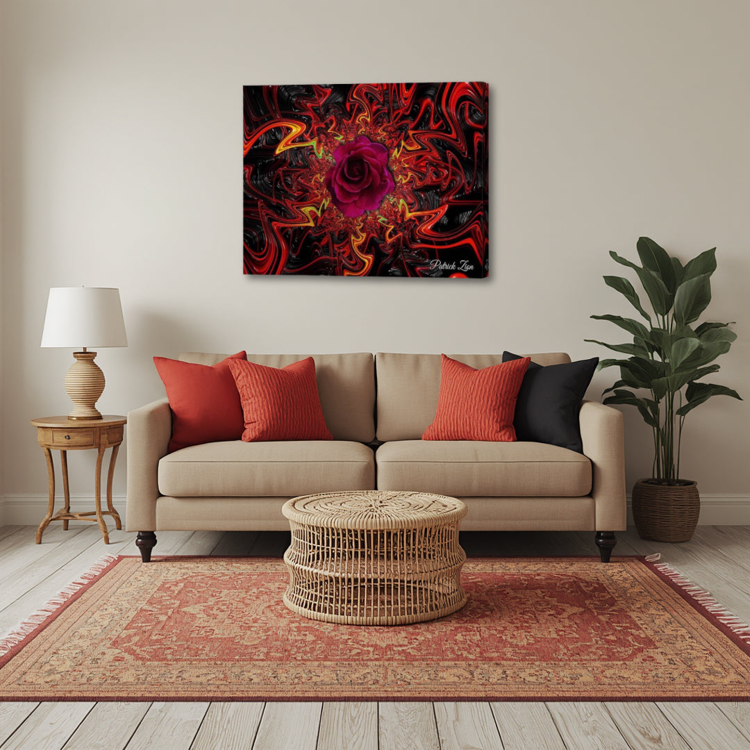 Mandala Rose by Patrick Zion featured in a stylish living room, highlighting a bold crimson rose at the center of swirling fractal forms that draw the eye and evoke emotional depth.