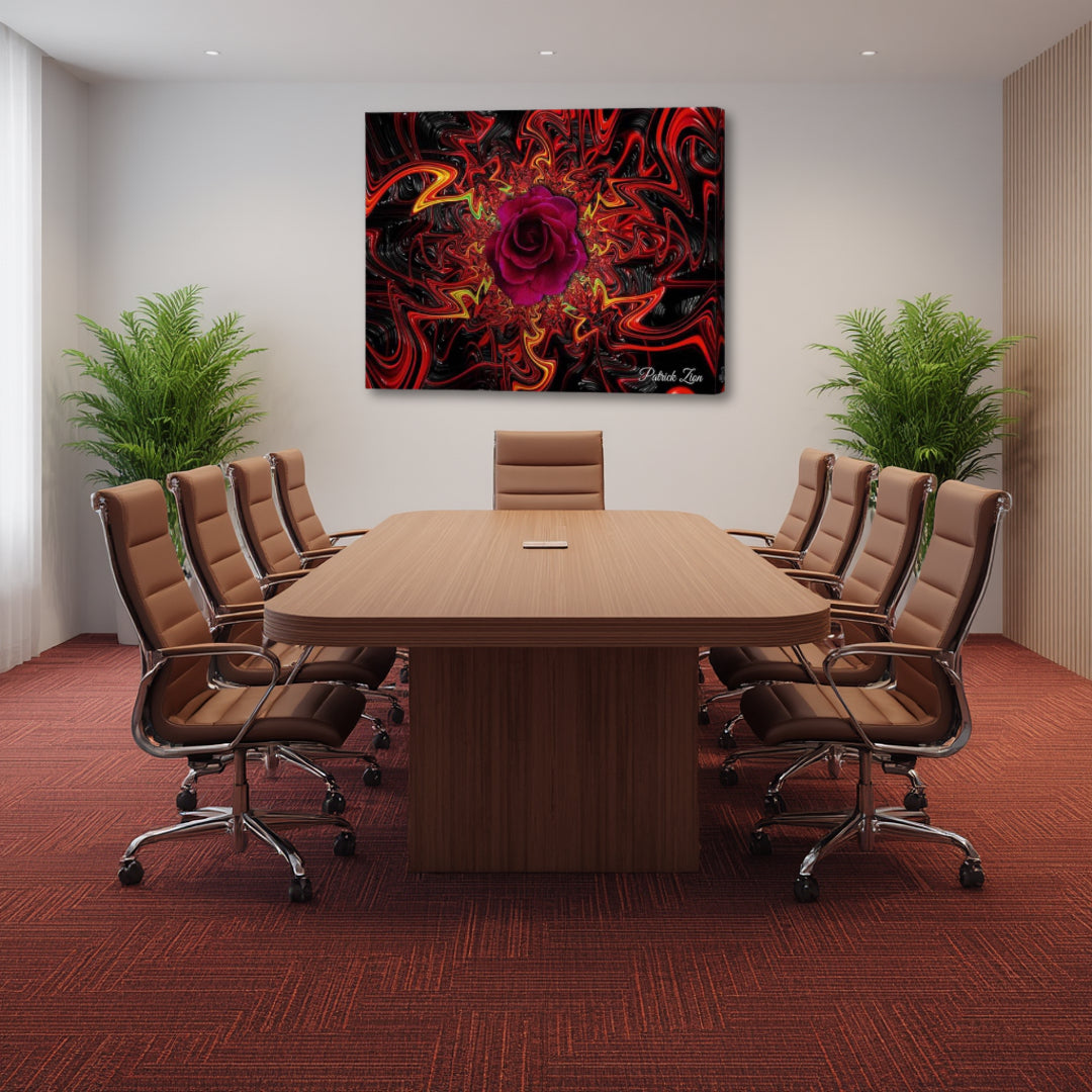 Mandala Rose canvas wall art by Patrick Zion displayed in a modern executive conference room. The artwork features a radiant crimson rose emerging from an intricate mandala-like fractal composition of deep red, scarlet, orange, and black swirling patterns, symbolizing beauty, passion, transformation, love, and the unfolding of inner wisdom through nature-inspired sacred geometry.