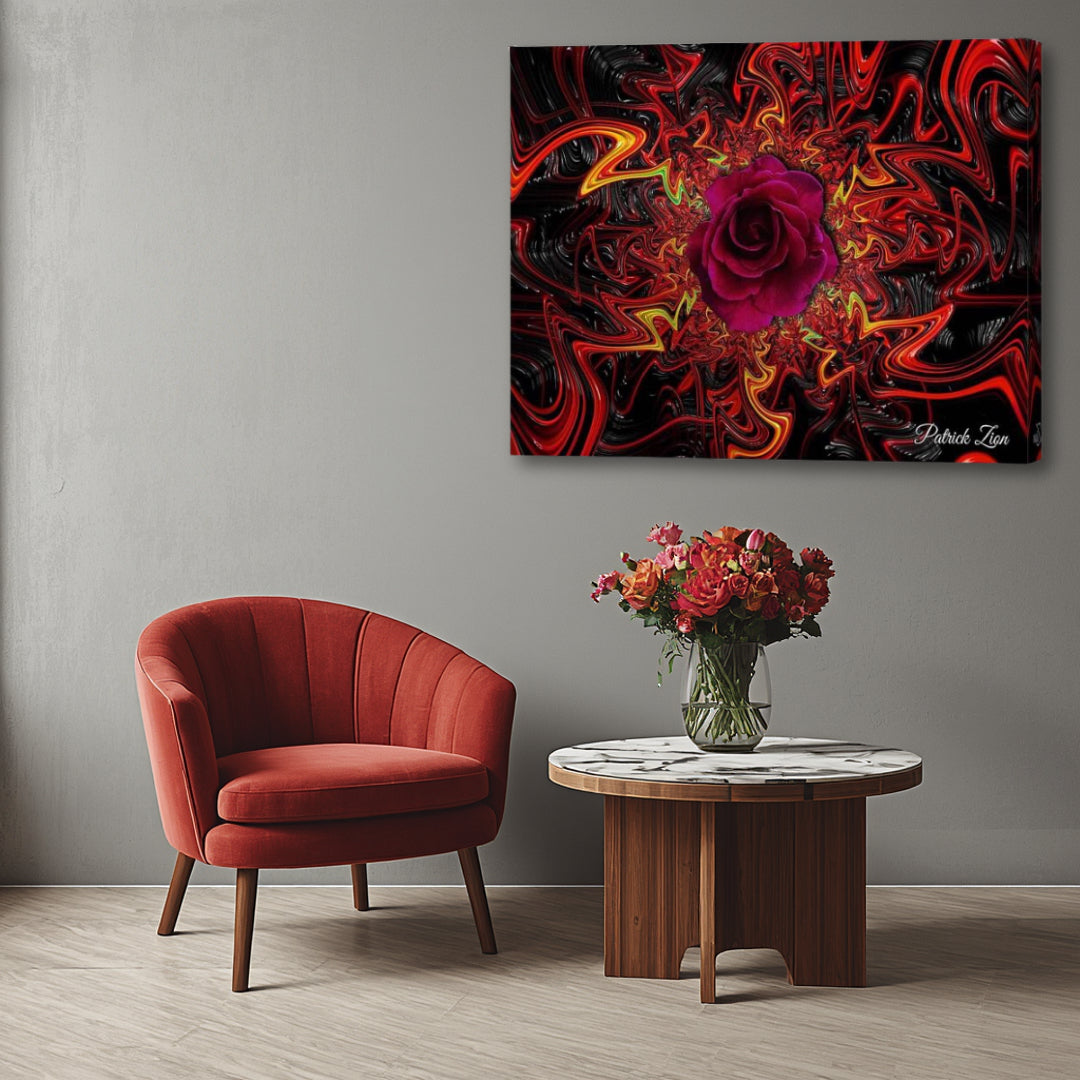 Mandala Rose – romantic psychedelic fractal canvas artwork by Patrick Zion displayed in a modern interior with an up-close perspective, featuring a radiant crimson rose surrounded by fiery swirling energy patterns, dark cosmic textures, and glowing mandala-like abstractions.