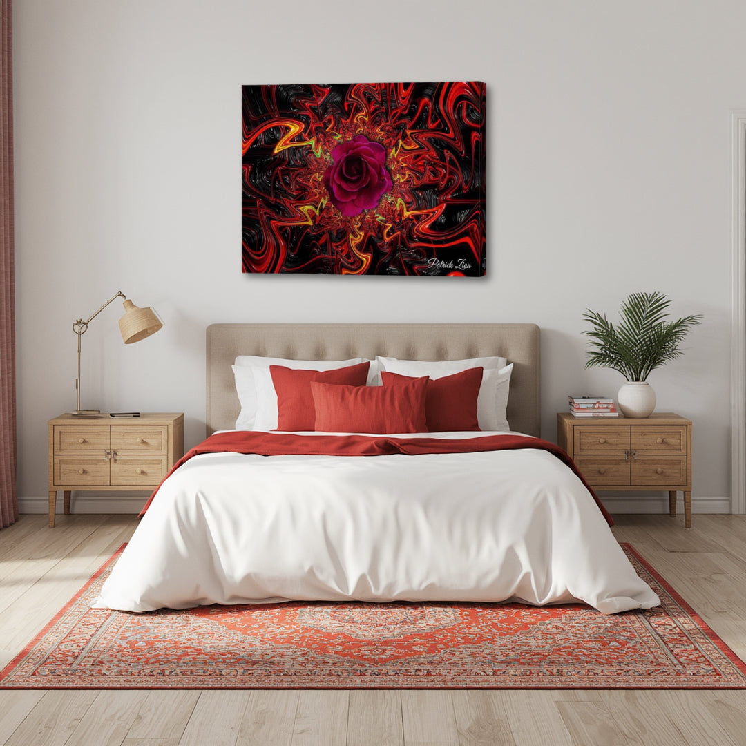 Mandala Rose artwork by Patrick Zion above a modern bedroom, showcasing a vivid red rose surrounded by intricate fractal patterns that create a warm, passionate and mystical atmosphere.