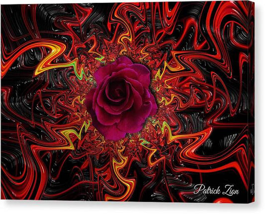 Mandala Rose – psychedelic fractal canvas art by Patrick Zion, mirrored edge version depicting a deep red rose blooming at the center of swirling fiery fractal patterns radiating intensity and sacred mandala energy.