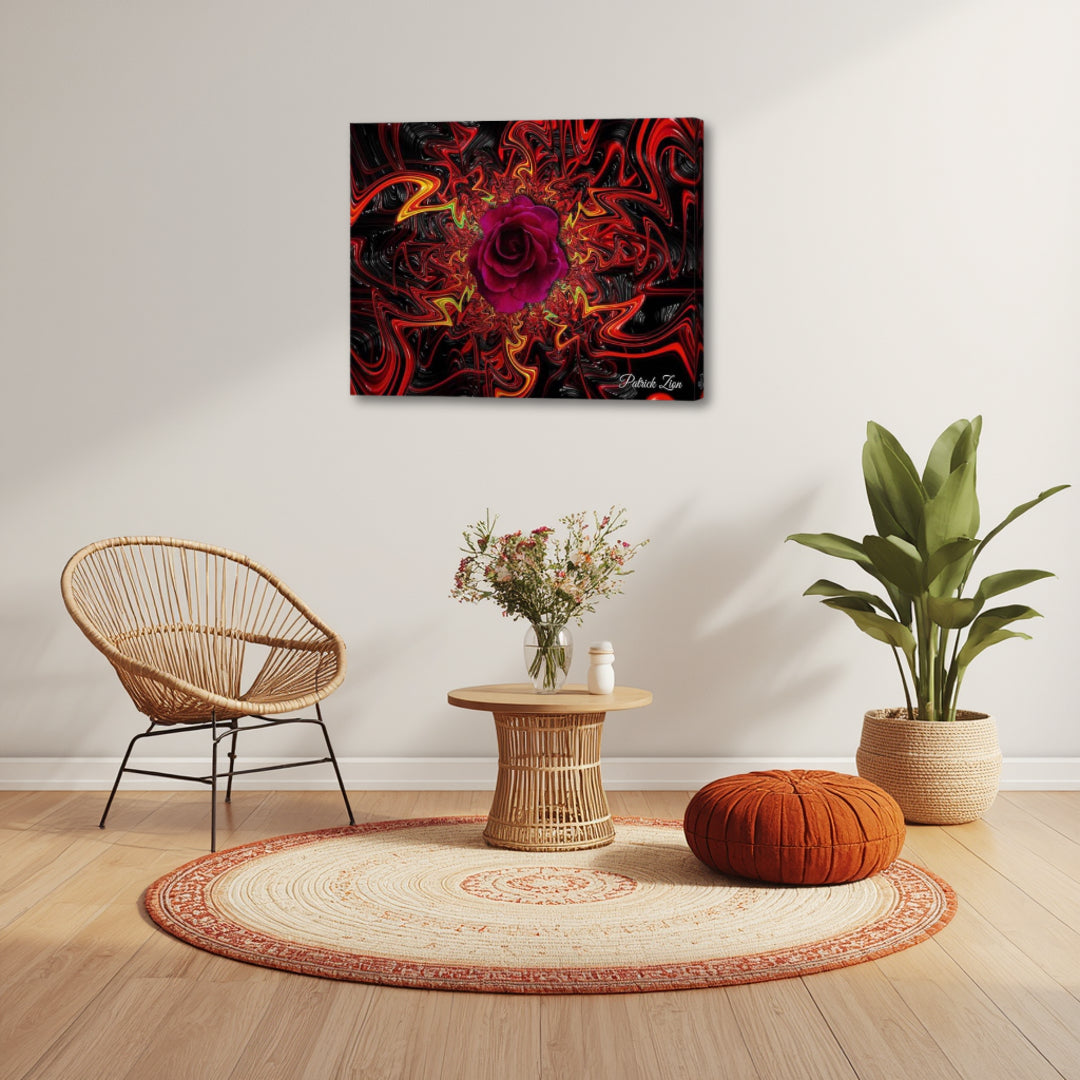 Mandala Rose by Patrick Zion in a cozy boho setting, presenting a glowing red floral mandala surrounded by dynamic fractal energy that blends nature with psychedelic abstraction.