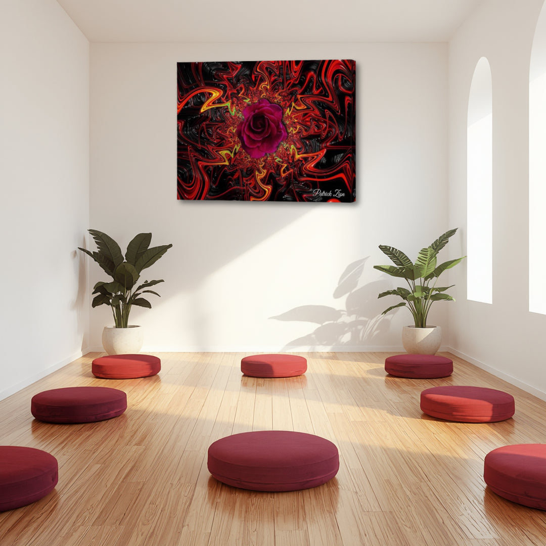 Mandala Rose by Patrick Zion displayed in a serene meditation space, featuring a deep red fractal mandala with a central rose radiating intense spiritual and symbolic energy.