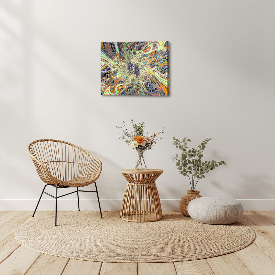 Marvelous Fractal Realm – abstract fractal canvas art by Patrick Zion displayed in a calm, nature-inspired interior with woven textures and soft neutral tones, featuring intricate flowing patterns of gold, teal, and orange that create a mesmerizing focal point, adding depth, warmth, and contemplative energy to the space.