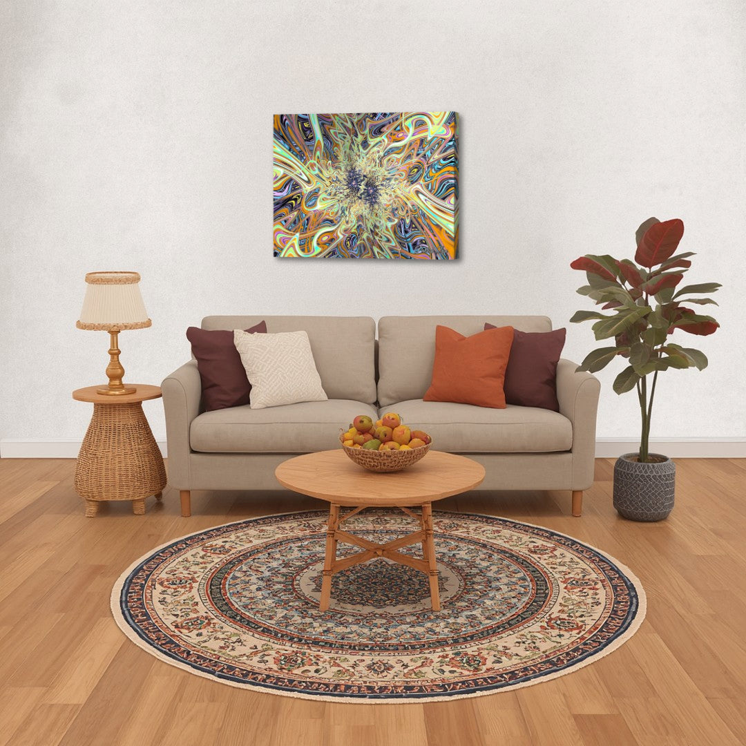 Marvelous Fractal Realm – abstract fractal canvas art by Patrick Zion featured in a stylish living room with natural wood elements and warm accents, showcasing a complex explosion of colorful fractal forms that draw the eye inward and evoke a sense of infinite structure and flow.
