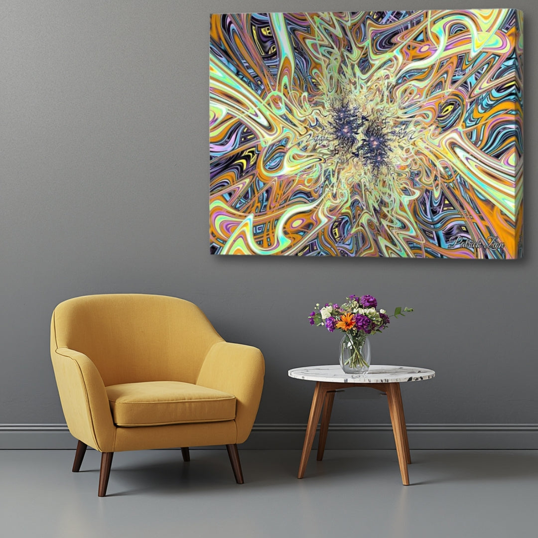 Marvelous Fractal Realm – psychedelic abstract canvas art by Patrick Zion showcased in a modern living room with a close-up presentation, featuring intricate flowing fractal lines, radiant multidimensional patterns, and vibrant dreamlike energy textures.