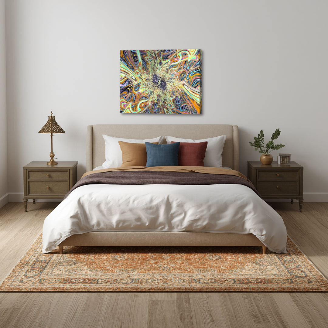 Marvelous Fractal Realm – psychedelic fractal canvas art by Patrick Zion displayed above a cozy bedroom with warm tones and layered textures, featuring intricate swirling patterns of gold, teal, and orange that create a sense of depth, motion, and immersive visual energy.

