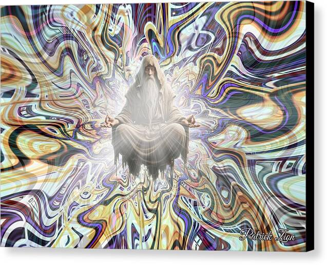 Mystic in Meditation – visionary fractal art by Patrick Zion, black edge version showing a white-bearded sage levitating in deep meditation surrounded by swirling psychedelic waves of light symbolizing divine consciousness.