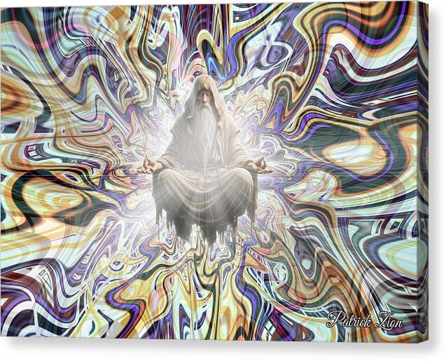 Mystic in Meditation – abstract fractal art by Patrick Zion, mirrored edge version representing an enlightened figure in stillness at the heart of a colorful energy vortex symbolizing transcendence and spiritual awakening.