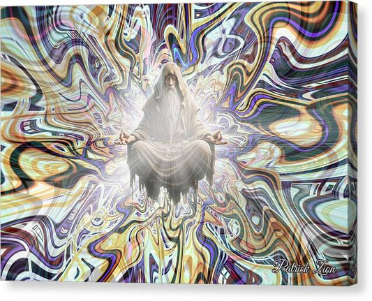 Mystic in Meditation – abstract fractal art by Patrick Zion, mirrored edge version representing an enlightened figure in stillness at the heart of a colorful energy vortex symbolizing transcendence and spiritual awakening.