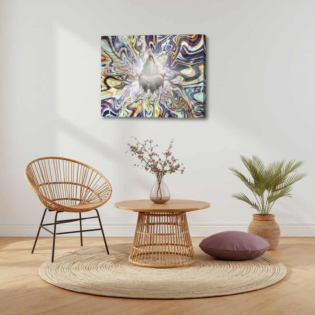 Mystic in Meditation artwork by Patrick Zion styled in a soft boho-inspired corner, where natural textures meet subtle fractal movement and a calm, contemplative atmosphere.
