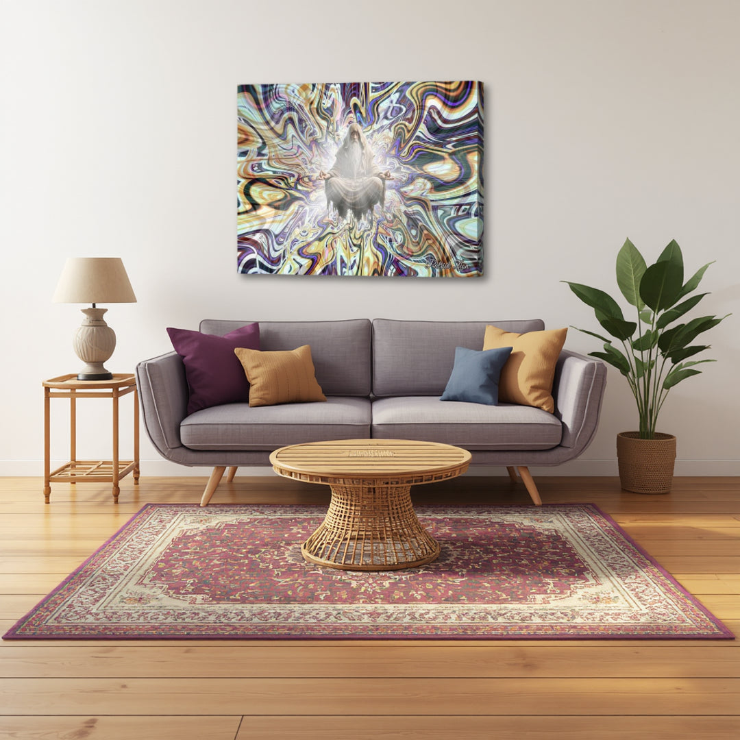 Mystic in Meditation by Patrick Zion featured in a modern living room, where gentle fractal flows and a centered presence create a soothing and mindful visual focal point.