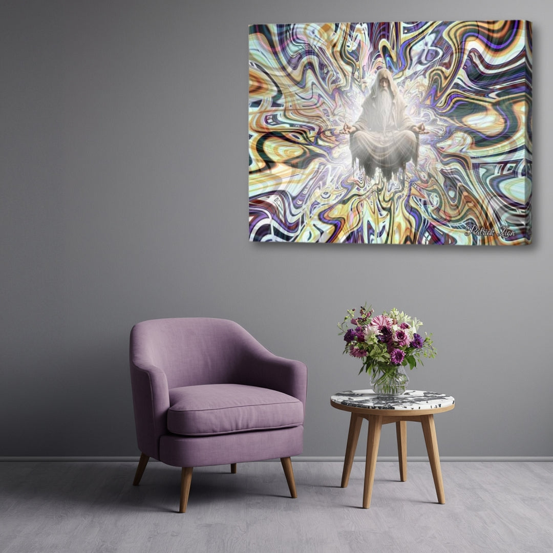 Mystic in Meditation – spiritual psychedelic canvas artwork by Patrick Zion displayed in a serene modern interior with an up-close composition, featuring a levitating meditative sage surrounded by radiant fractal light, flowing cosmic energy, and mystical multidimensional patterns.