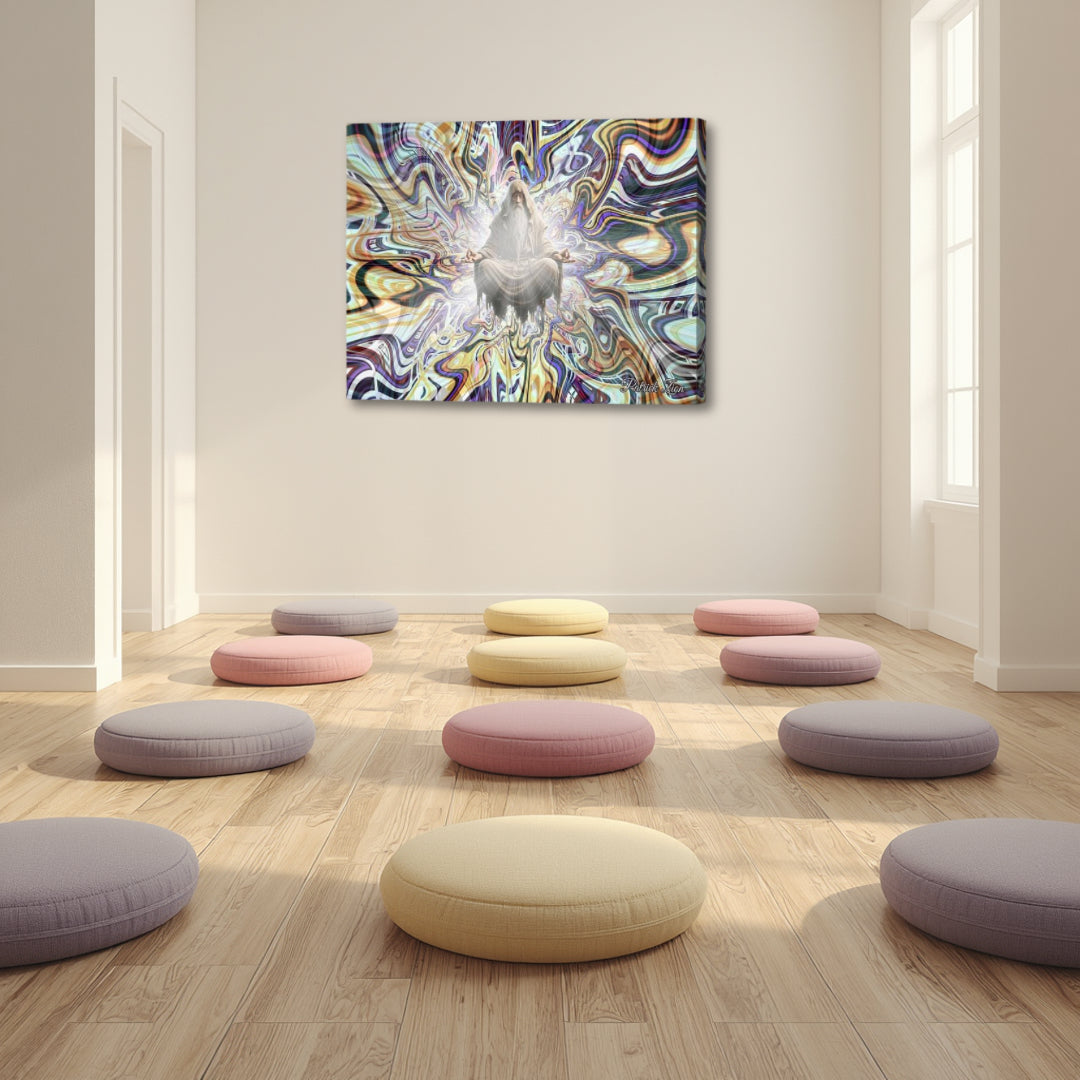 Mystic in Meditation by Patrick Zion displayed in a peaceful meditation studio, featuring a centered figure surrounded by flowing fractal light that suggests deep stillness and inner balance.