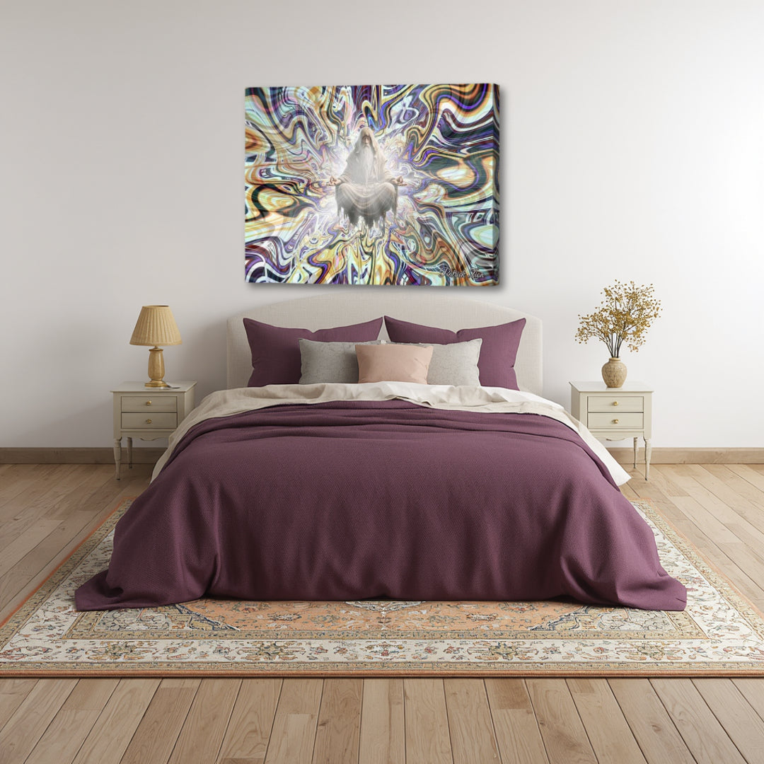 Mystic in Meditation by Patrick Zion above a serene bedroom setup, showcasing a tranquil meditative figure immersed in radiant fractal patterns that evoke peace and introspection.
