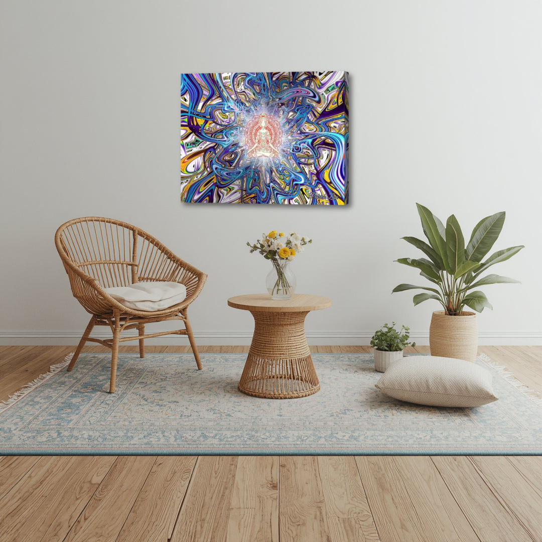 Mystic Mantra by Patrick Zion placed in a boho minimal corner with natural textures, soft tones, and plants, bringing a sense of balance, light, and quiet introspection to the space.