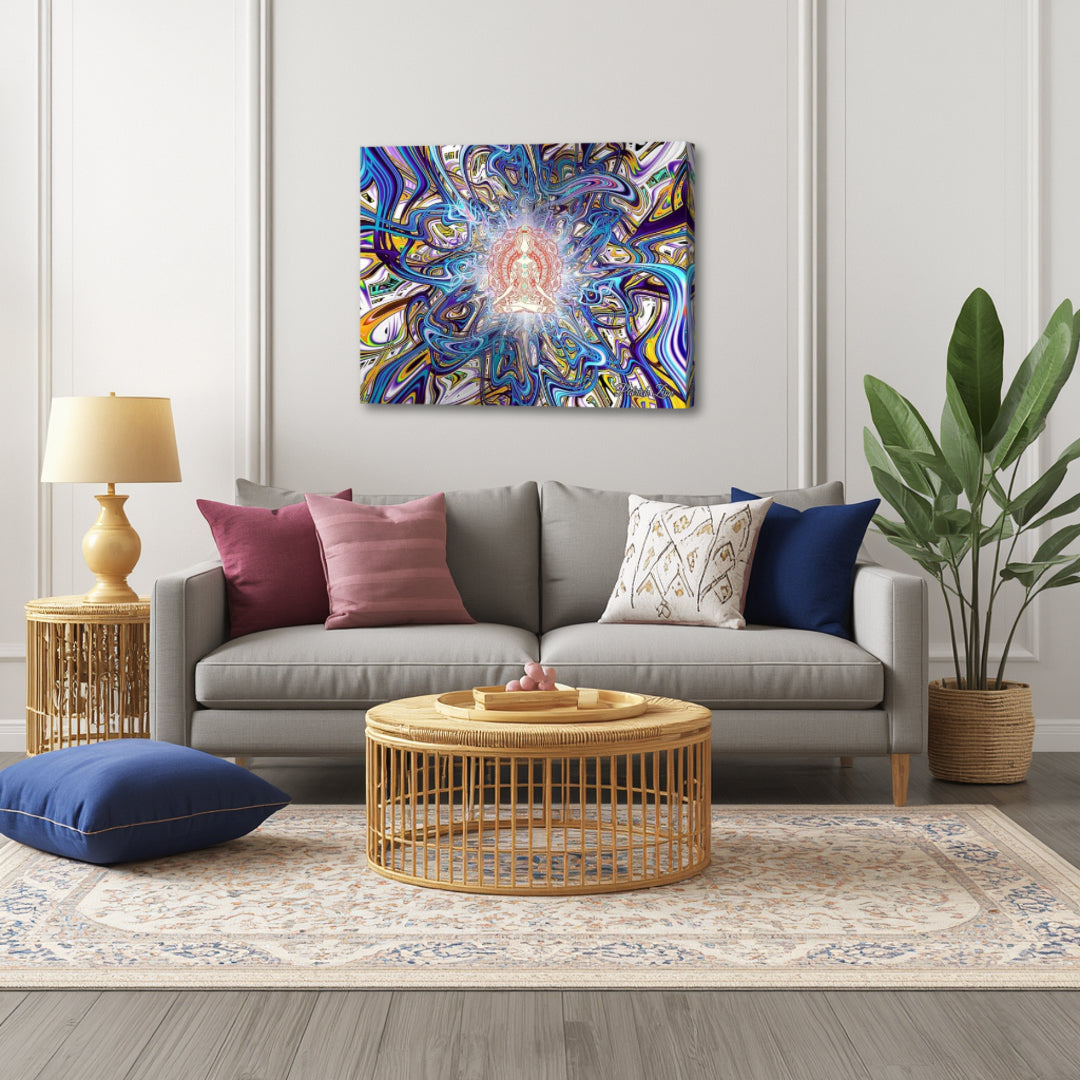 Mystic Mantra by Patrick Zion showcased in a modern living room, adding depth, color, and a subtle spiritual presence that elevates the atmosphere without overwhelming the minimalist decor.