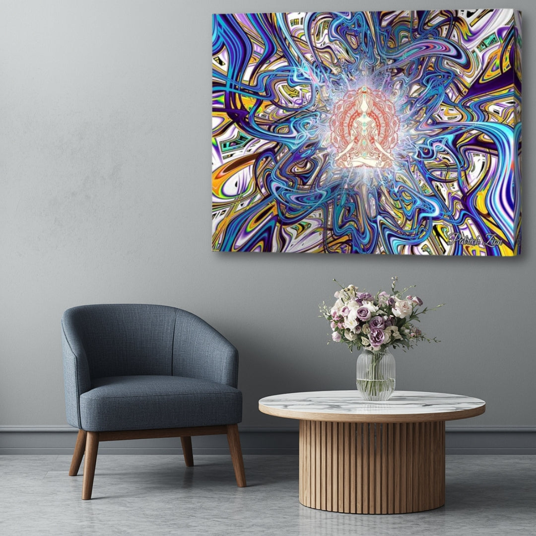 Mystic Mantra- sacred visionary spiritual wall art canvas print by Patrick Zion featured in modern elegant decor, luminous meditative presence surrounded by intricate flowing energy patterns and serene spiritual vibrations.